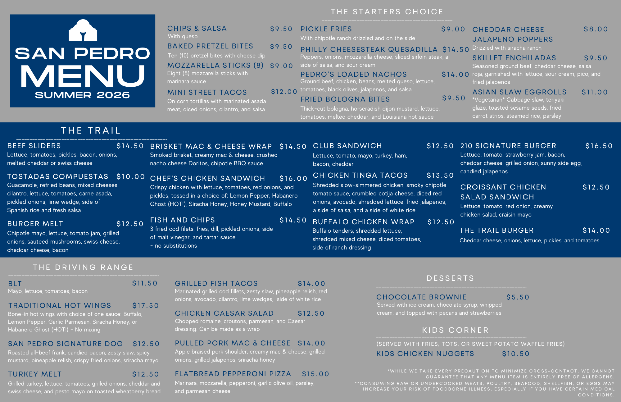 San Pedro 2026 Menu